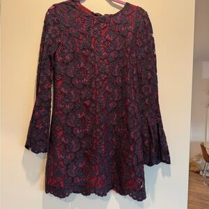 Wayf Red and Navy Floral Lace Dress